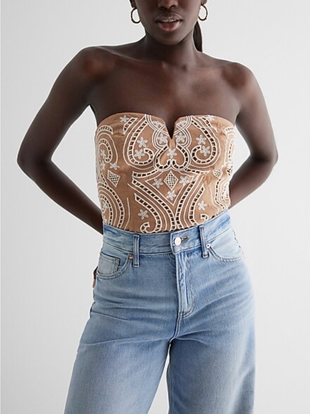 Express Beige Suede Embroidered Strapless Crop Top